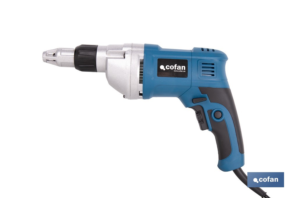 Atornillador eléctrico para pladur 600 W 2400 rpm | Velocidad variable, inserción de portapuntas 1/4" | Diseño ergonómico para trabajos continuos - Cofan