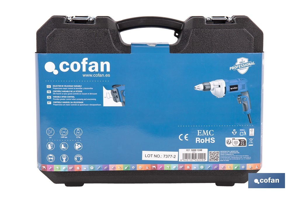 Atornillador eléctrico para paredes de yeso 600 W 2400 rpm | Velocidad variable, inserción de portapuntas 1/4" | Diseño ergonómico para trabajos continuos - Cofan