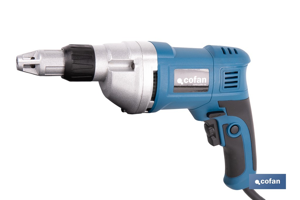 Atornillador eléctrico para paredes de yeso 600 W 2400 rpm | Velocidad variable, inserción de portapuntas 1/4" | Diseño ergonómico para trabajos continuos - Cofan