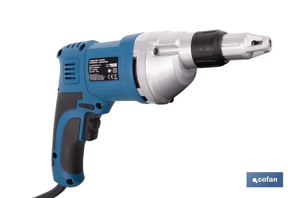 Atornillador eléctrico para paredes de yeso 600 W 2400 rpm | Velocidad variable, inserción de portapuntas 1/4" | Diseño ergonómico para trabajos continuos - Cofan