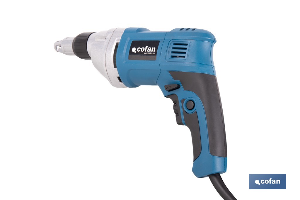 Atornillador eléctrico para paredes de yeso 600 W 2400 rpm | Velocidad variable, inserción de portapuntas 1/4" | Diseño ergonómico para trabajos continuos - Cofan