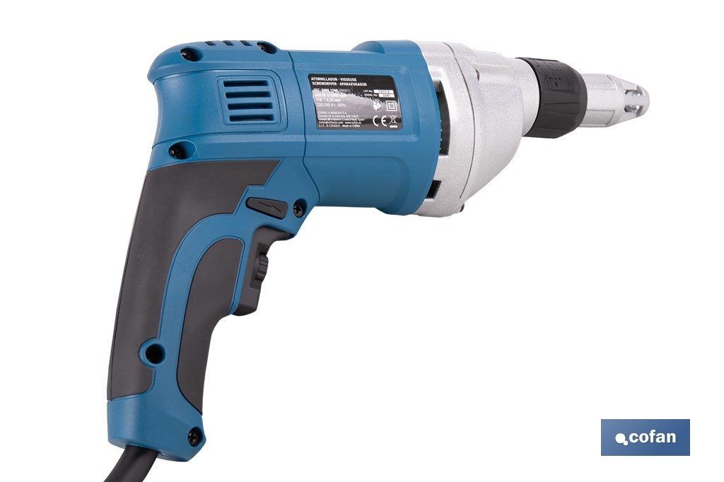 Atornillador eléctrico para paredes de yeso 600 W 2400 rpm | Velocidad variable, inserción de portapuntas 1/4" | Diseño ergonómico para trabajos continuos - Cofan