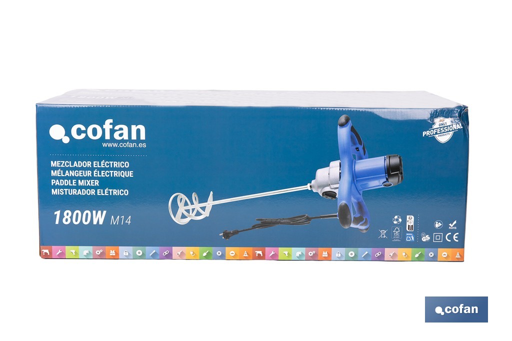 Cofan Paddle mixer for mixing paint and mortar | Electric stirrer | M14 paddle connection | Mixing paddle included | 2 speeds | Power: 1,800W - Cofan