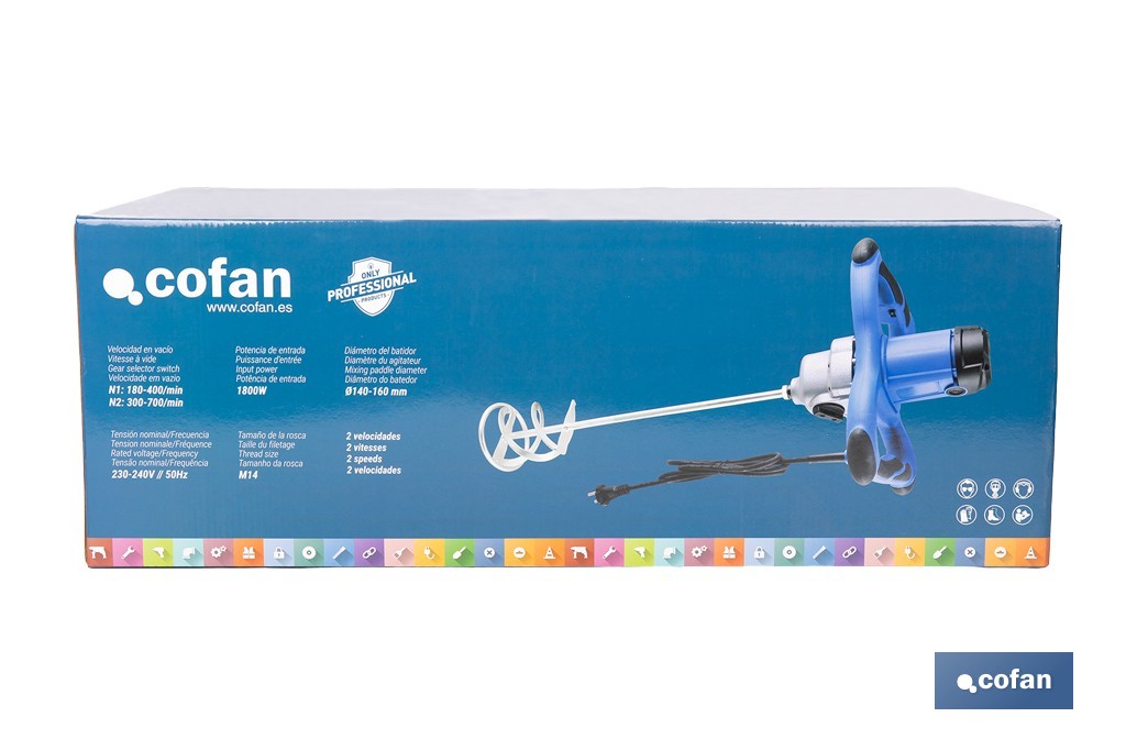 Cofan Paddle mixer for mixing paint and mortar | Electric stirrer | M14 paddle connection | Mixing paddle included | 2 speeds | Power: 1,800W - Cofan