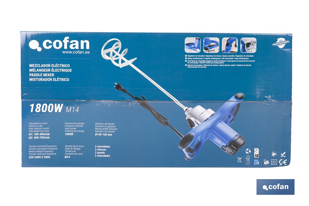 Cofan Paddle mixer for mixing paint and mortar | Electric stirrer | M14 paddle connection | Mixing paddle included | 2 speeds | Power: 1,800W - Cofan