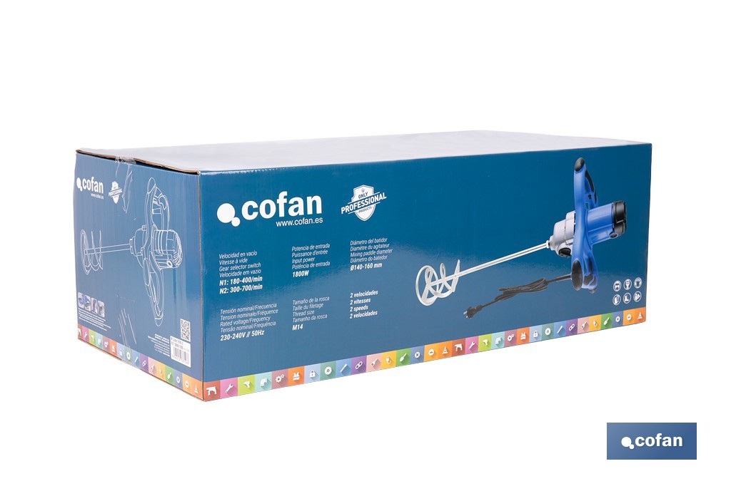 Cofan Paddle mixer for mixing paint and mortar | Electric stirrer | M14 paddle connection | Mixing paddle included | 2 speeds | Power: 1,800W - Cofan