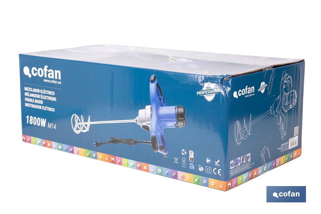 Cofan Paddle mixer for mixing paint and mortar | Electric stirrer | M14 paddle connection | Mixing paddle included | 2 speeds | Power: 1,800W - Cofan