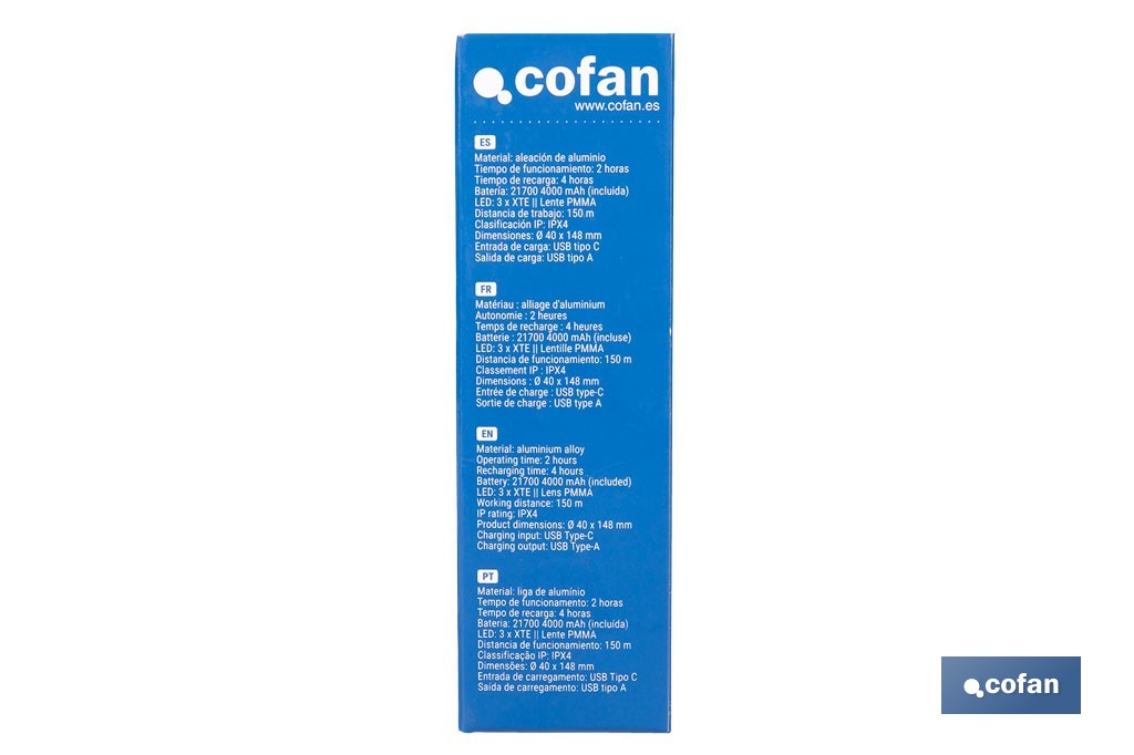 Linterna LED de alta potencia (2000 lm) y 150 m de alcance. 5 funciones y base magnética - Cofan
