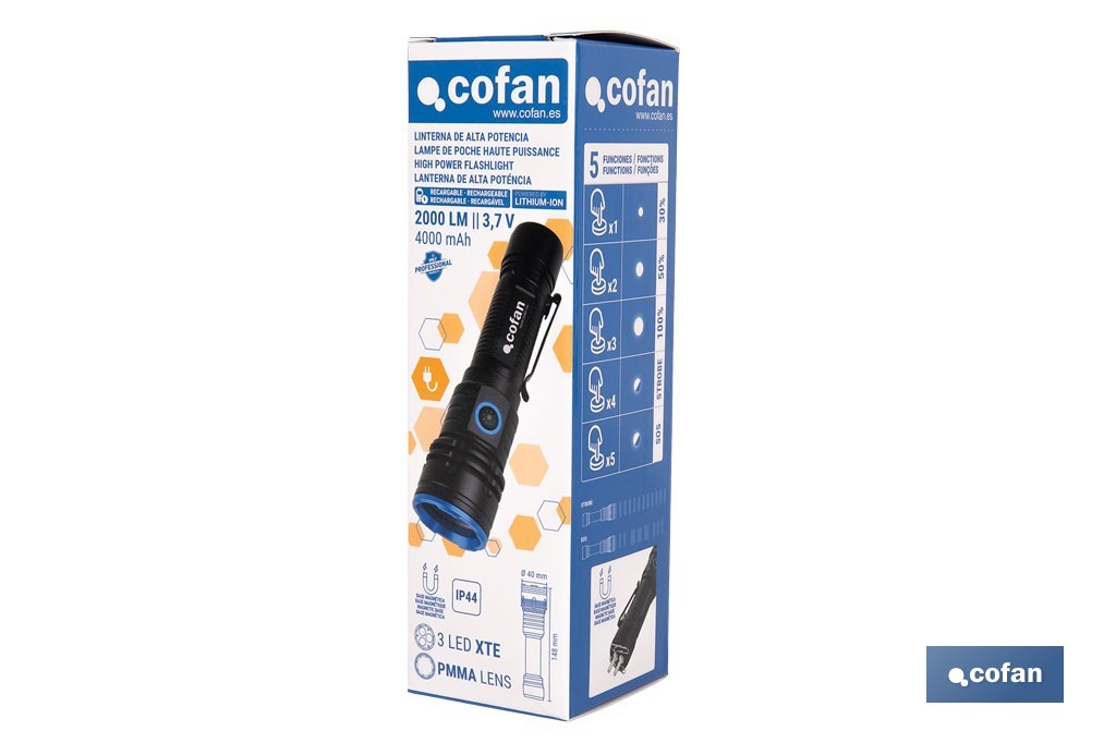 Linterna LED de alta potencia (2000 lm) y 150 m de alcance. 5 funciones y base magnética - Cofan