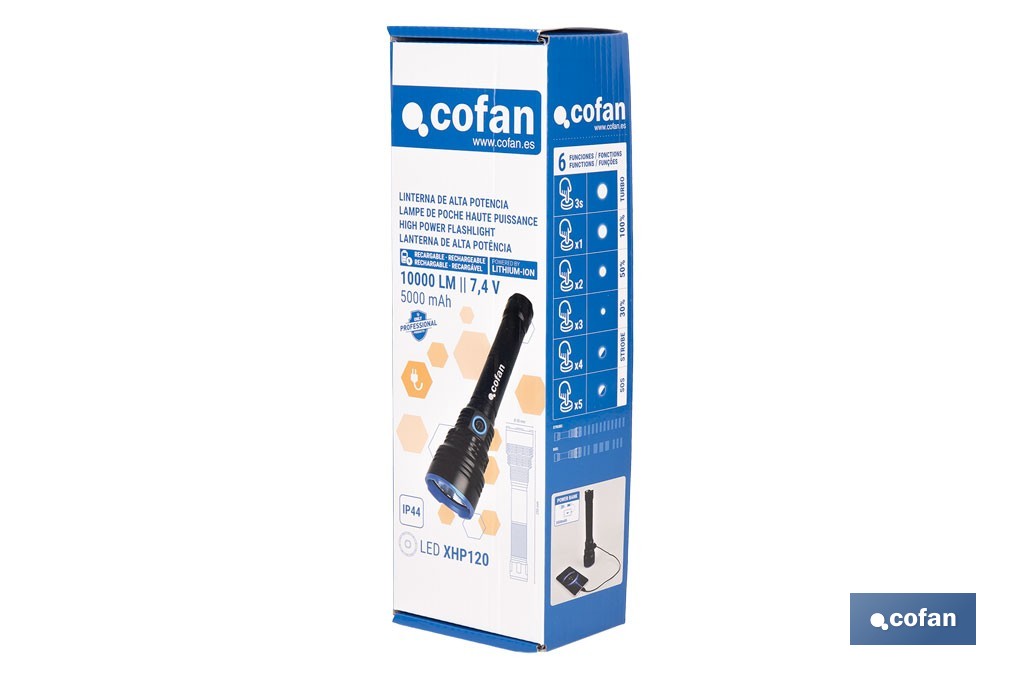 Linterna LED de alta potencia | Recargable con 6 modos de luz | Disponible en dos potencias: 18.000 lm y 10.000 lm - Cofan