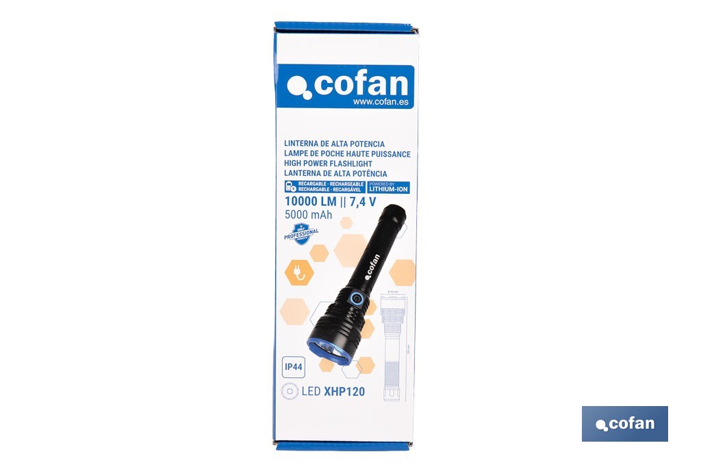Linterna LED de alta potencia | Recargable con 6 modos de luz | Disponible en dos potencias: 18.000 lm y 10.000 lm - Cofan