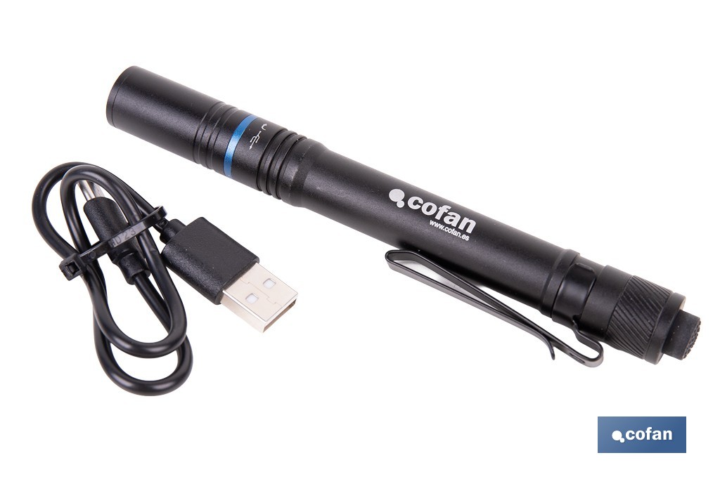 Linterna LED formato Bolígrafo Recargable de Aluminio | 3 funciones y enfoque ajustable | Cable USB-C incluido - Cofan