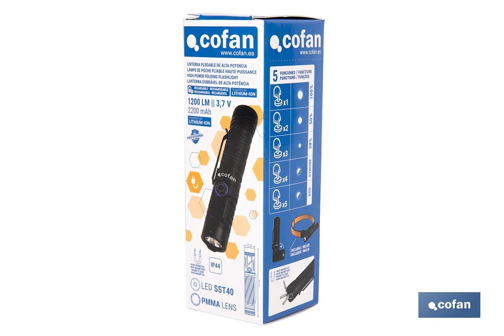 Linterna LED plegable y recargable con 5 modos de luz y con base magnética | 1200 lm, alcance de 100 m - Cofan