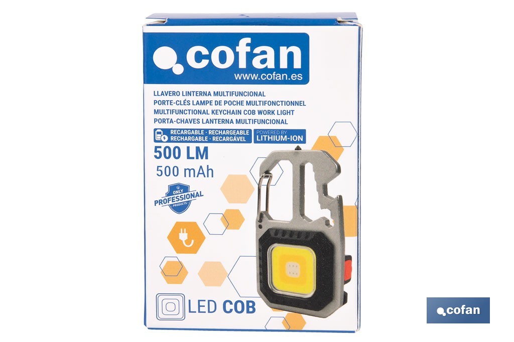 Linterna llavero LED COB 500 lm recargable con 7 modos de luz | Lámpara multifuncional - Cofan