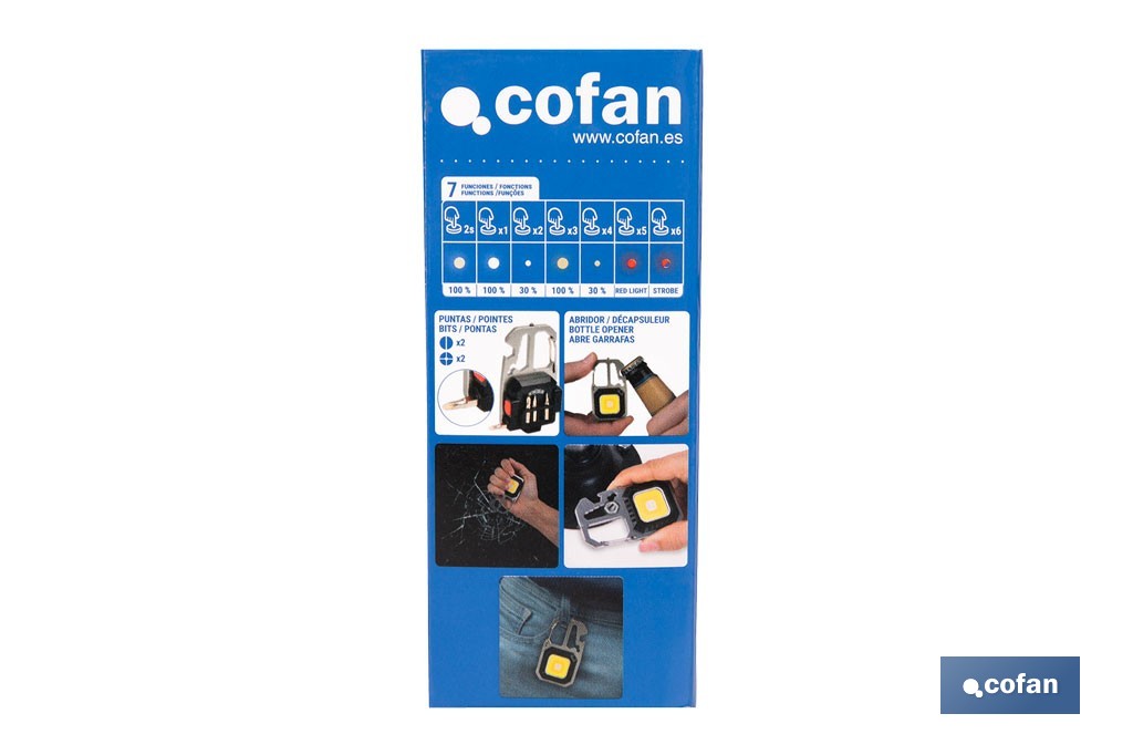 Linterna llavero LED COB 500 lm recargable con 7 modos de luz | Lámpara multifuncional - Cofan