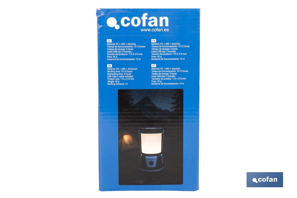 Linterna de camping COB LED 2000 lm recargable con 5 modos de luz | Iluminación regulable - Cofan