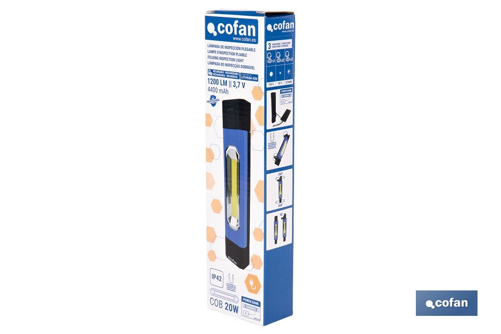Lámpara de inspección LED COB 1200 lm | Recargable con 3 modos de luz | Extremos magnéticos, giratorios y plegables - Cofan
