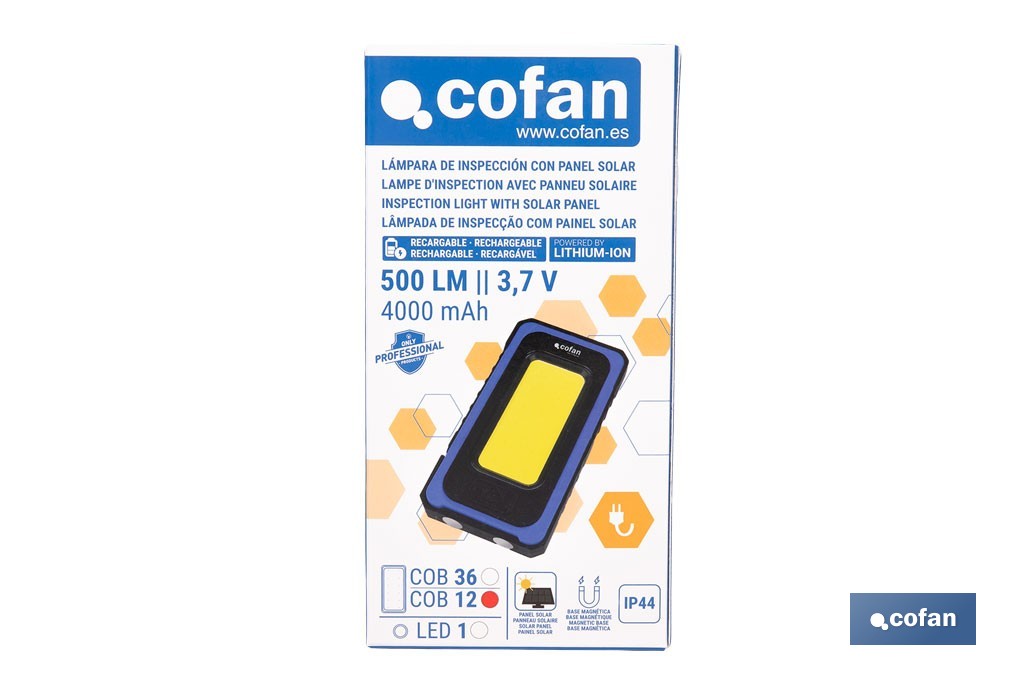 Lámpara de inspección de 500 LM COB LED con panel solar | Recargable con USB Tipo C | Luz blanca y roja | Base Magnética - Cofan