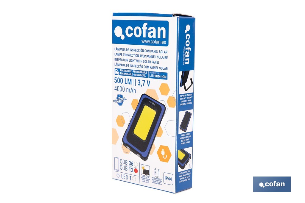 Lámpara de inspección de 500 LM COB LED con panel solar | Recargable con USB Tipo C | Luz blanca y roja | Base Magnética - Cofan