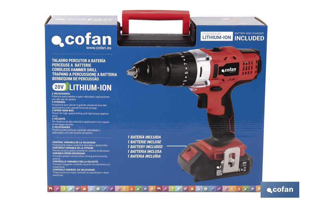 Taladro Percutor a Batería con 1300 rpm | Batería Li-ion de 20V - 1,5 Ah + Cargador incluidos - Cofan