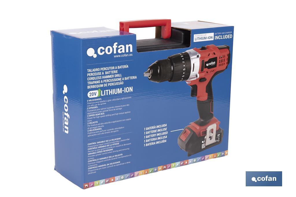 Taladro Percutor a Batería con 1300 rpm | Batería Li-ion de 20V - 1,5 Ah + Cargador incluidos - Cofan