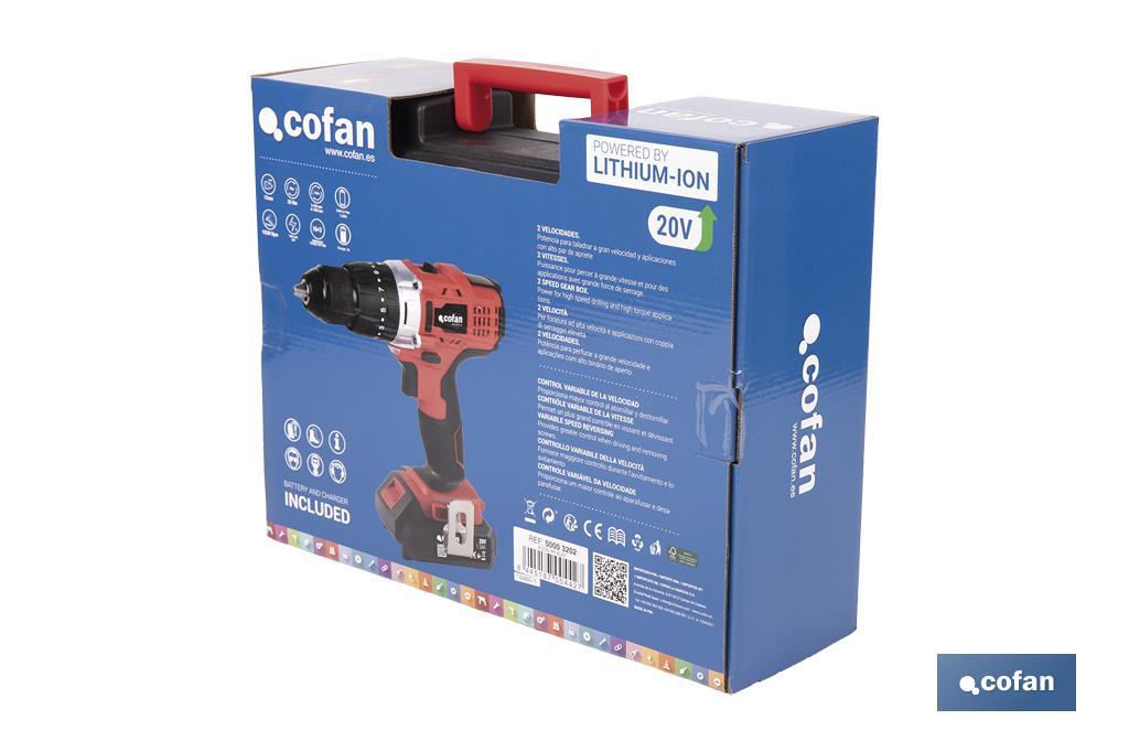 Taladro Percutor a Batería con 1300 rpm | Batería Li-ion de 20V - 1,5 Ah + Cargador incluidos - Cofan