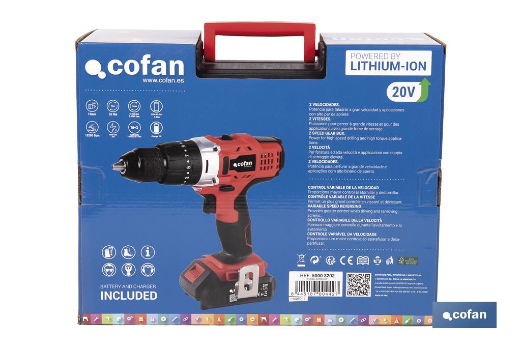 Taladro Percutor a Batería con 1300 rpm | Batería Li-ion de 20V - 1,5 Ah + Cargador incluidos - Cofan