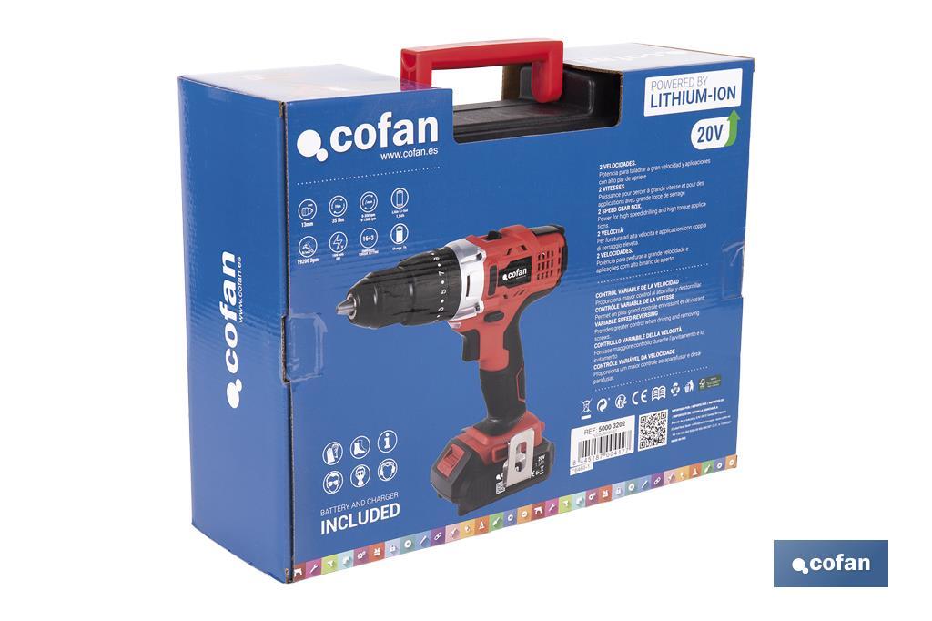 Taladro Percutor a Batería con 1300 rpm | Batería Li-ion de 20V - 1,5 Ah + Cargador incluidos - Cofan