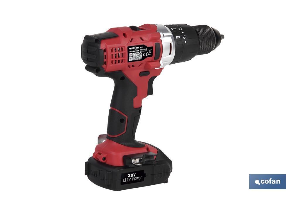 Taladro Percutor a Batería con 1300 rpm | Batería Li-ion de 20V - 1,5 Ah + Cargador incluidos - Cofan