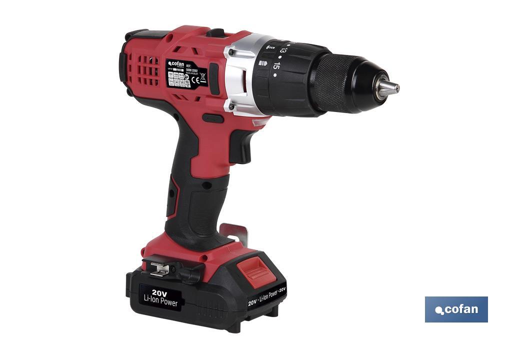 Taladro Percutor a Batería con 1300 rpm | Batería Li-ion de 20V - 1,5 Ah + Cargador incluidos - Cofan