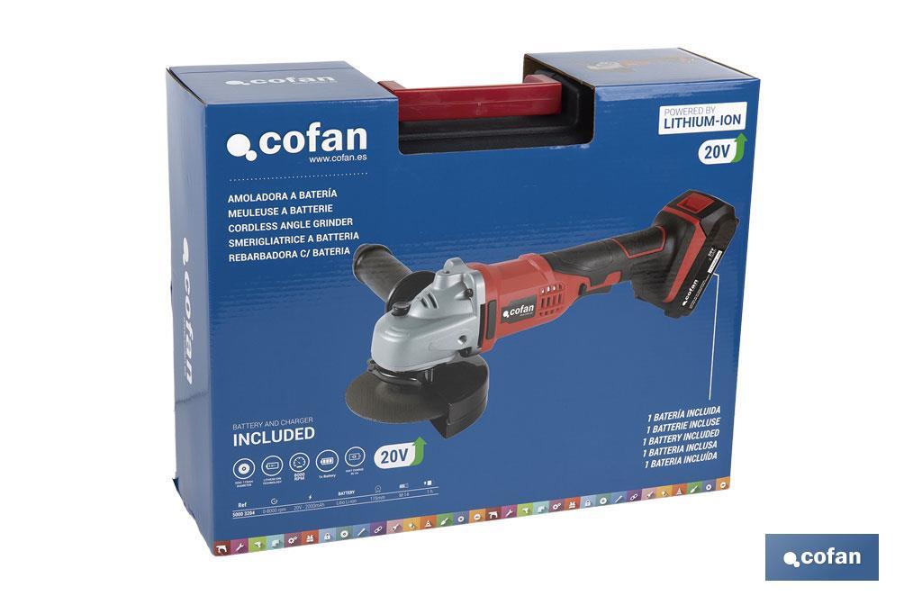 Amoladora a batería | Batería Li-ion de 20V y 2,0 Ah + Cargador incluidos | Apta para discos de ø115 mm - Cofan