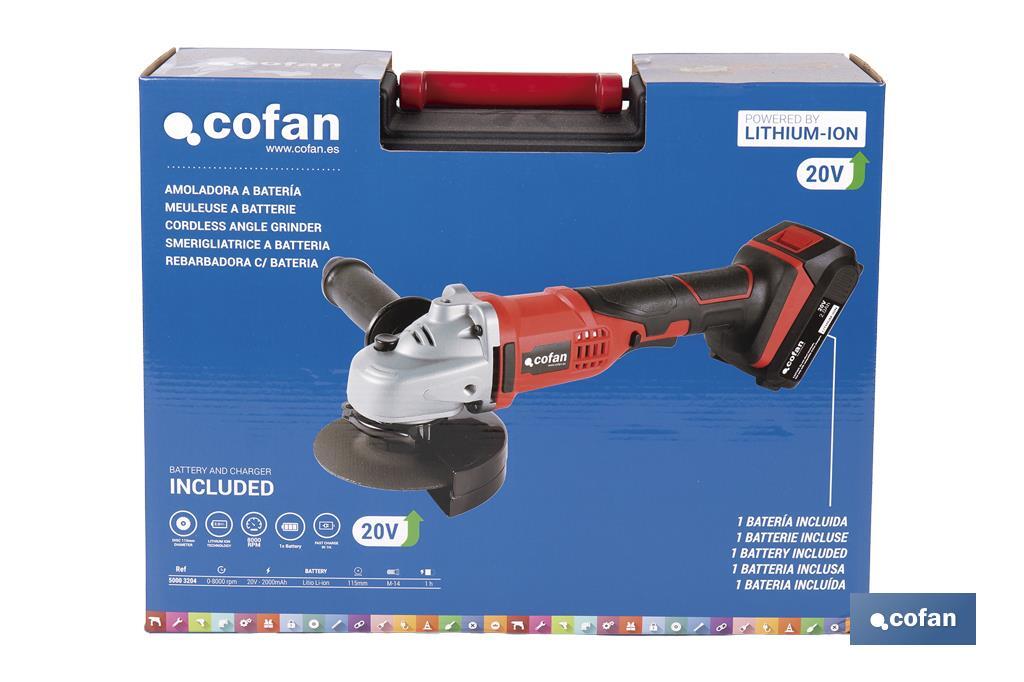 Amoladora a batería | Batería Li-ion de 20V y 2,0 Ah + Cargador incluidos | Apta para discos de ø115 mm - Cofan