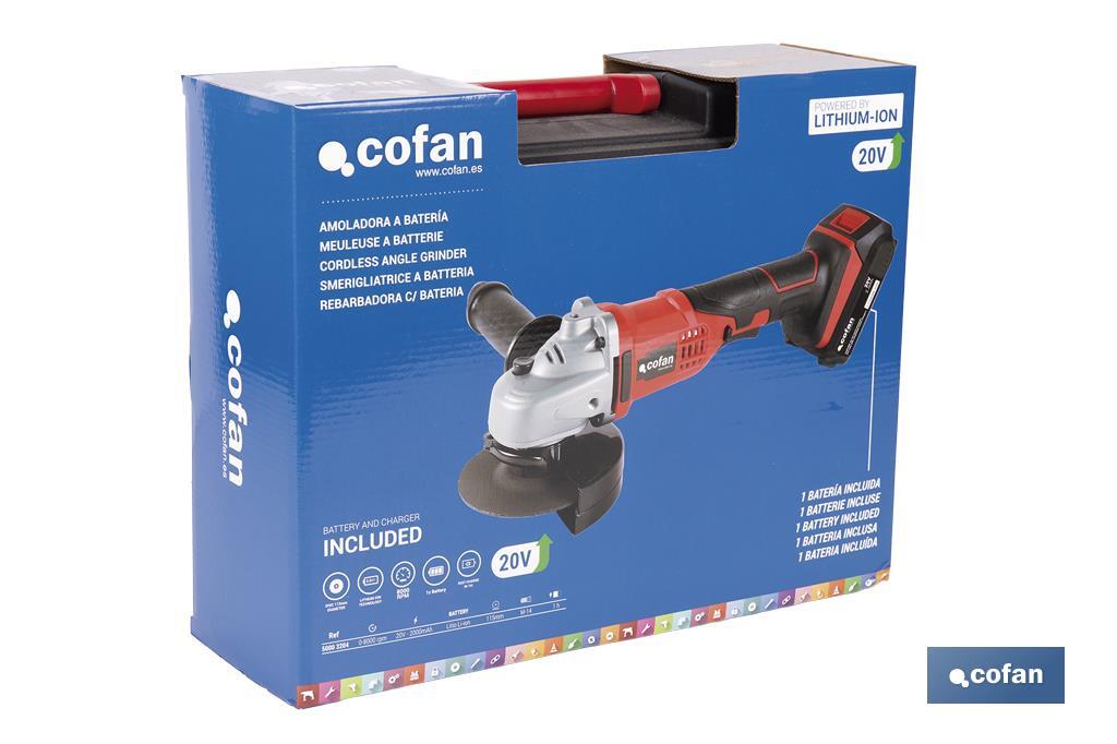 Amoladora a batería | Batería Li-ion de 20V y 2,0 Ah + Cargador incluidos | Apta para discos de ø115 mm - Cofan