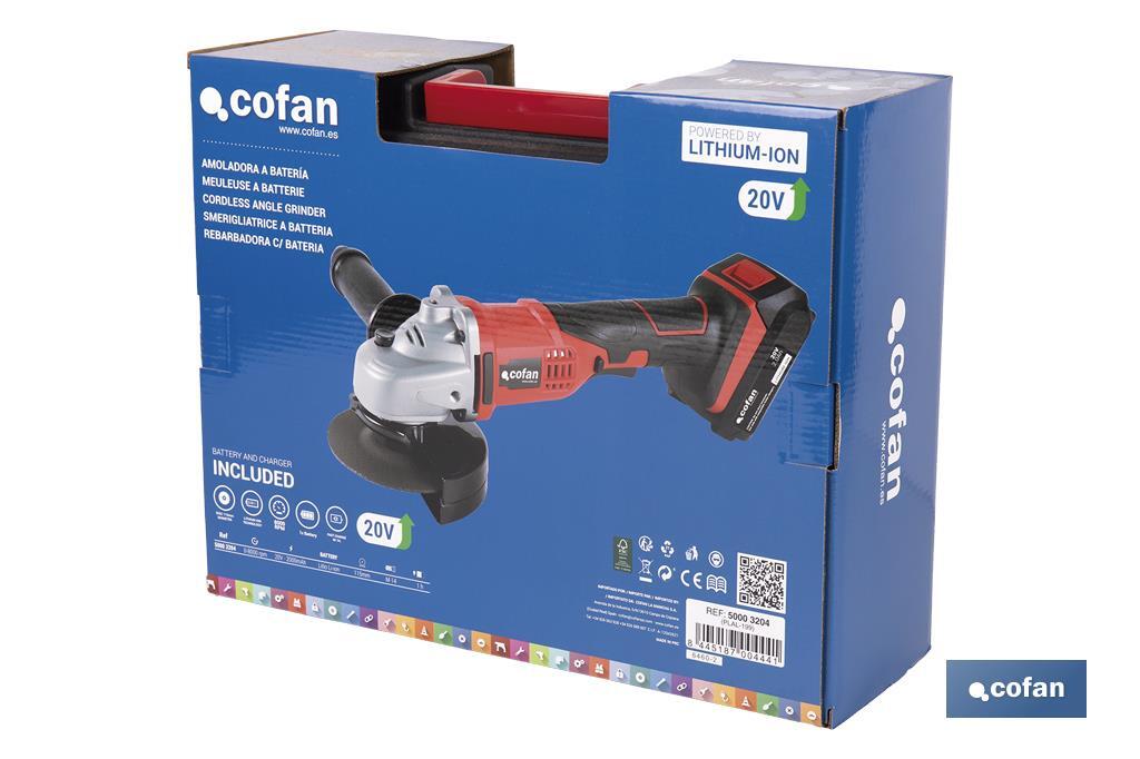 Amoladora a batería | Batería Li-ion de 20V y 2,0 Ah + Cargador incluidos | Apta para discos de ø115 mm - Cofan
