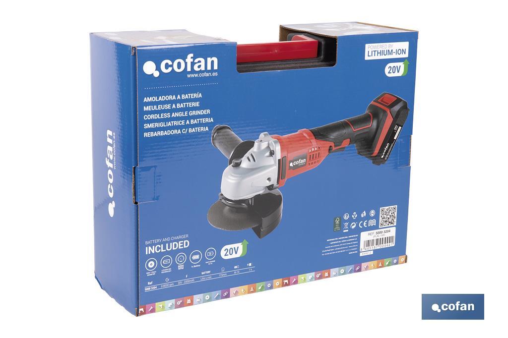 Amoladora a batería | Batería Li-ion de 20V y 2,0 Ah + Cargador incluidos | Apta para discos de ø115 mm - Cofan