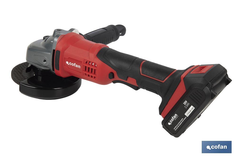 Amoladora a batería | Batería Li-ion de 20V y 2,0 Ah + Cargador incluidos | Apta para discos de ø115 mm - Cofan