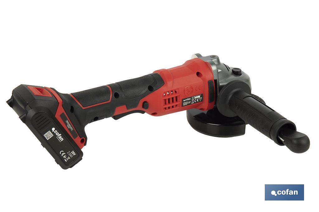 Amoladora a batería | Batería Li-ion de 20V y 2,0 Ah + Cargador incluidos | Apta para discos de ø115 mm - Cofan