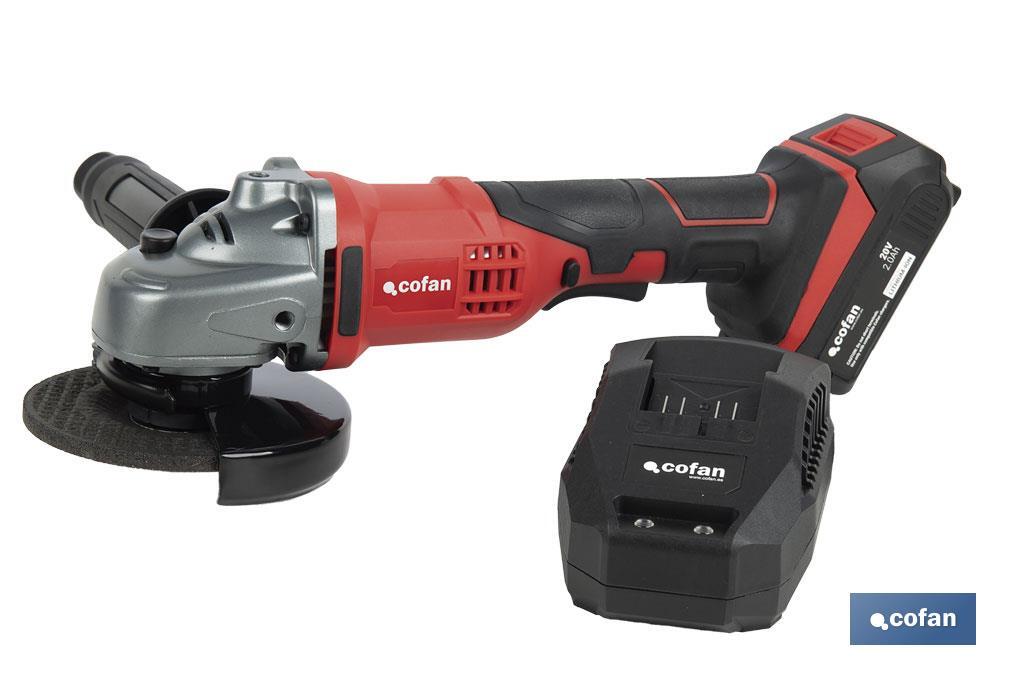 Amoladora a batería | Batería Li-ion de 20V y 2,0 Ah + Cargador incluidos | Apta para discos de ø115 mm - Cofan