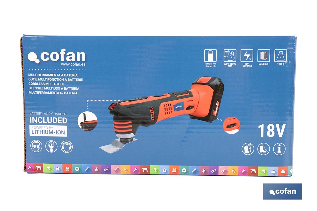 REACONDICIONADO - Multiherramienta a batería de 15000 rpm | Batería Li-ion 18V y cargador incluidos - Cofan
