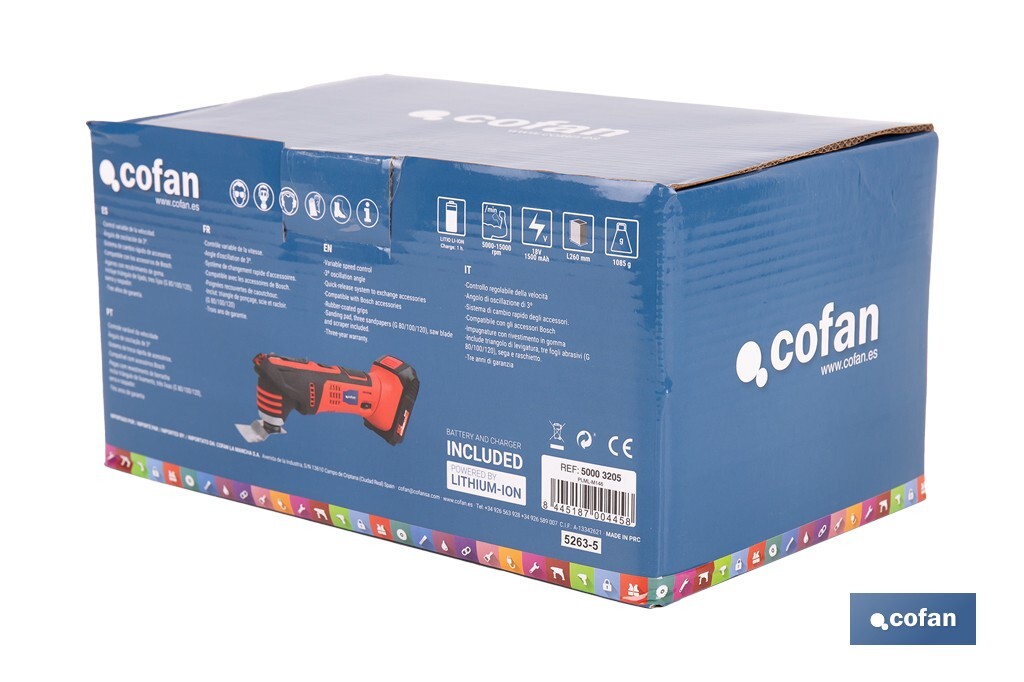 REACONDICIONADO - Multiherramienta a batería de 15000 rpm | Batería Li-ion 18V y cargador incluidos - Cofan