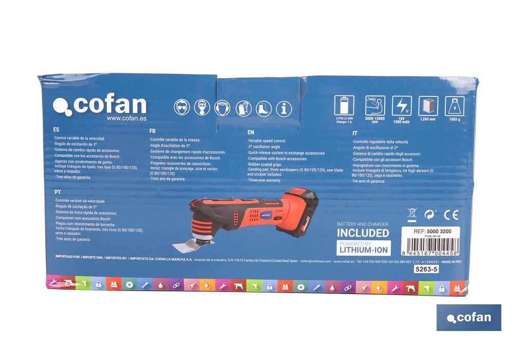 REACONDICIONADO - Multiherramienta a batería de 15000 rpm | Batería Li-ion 18V y cargador incluidos - Cofan