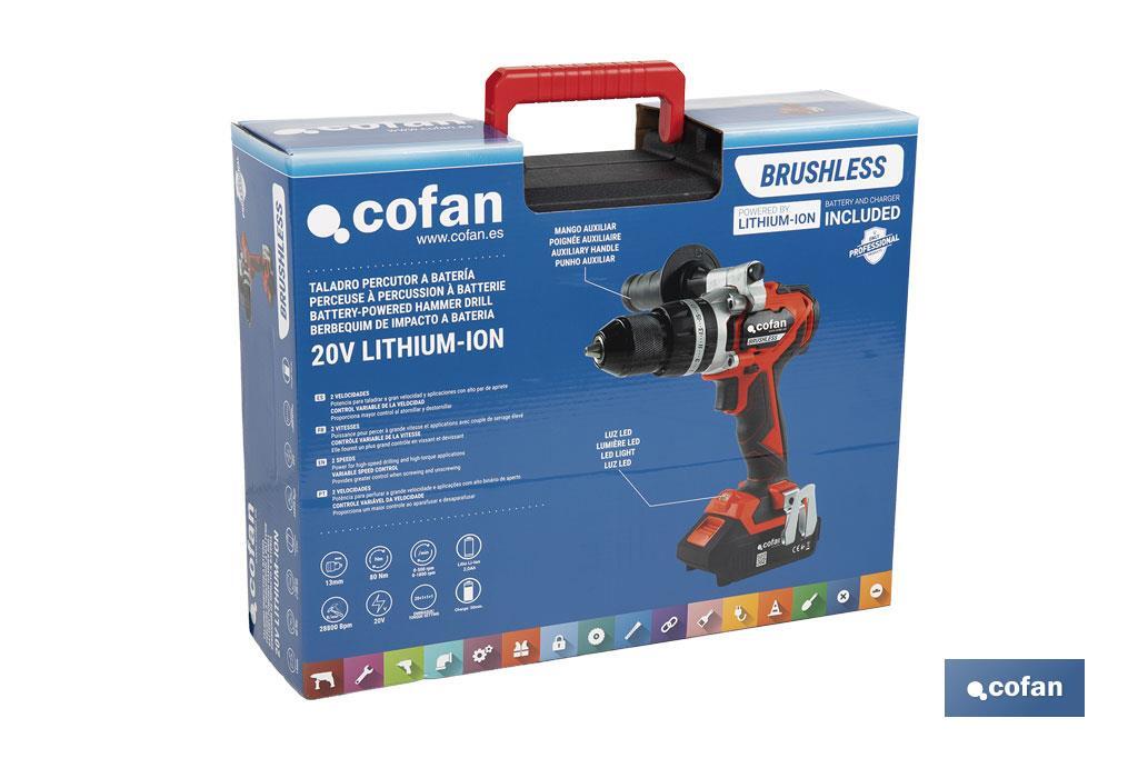 Taladro percutor y atornillador sin escobillas | 2 velocidades | Incluye maletín con batería Li-Ion de 20 voltios y 2.0 Ah + cargador - Cofan