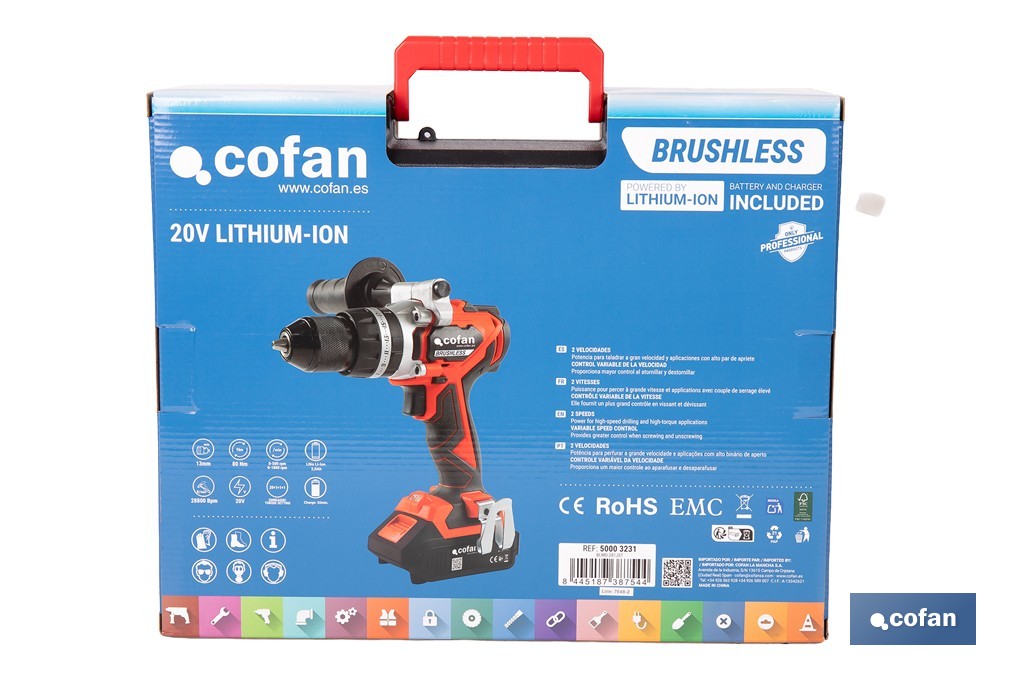 Taladro percutor y atornillador sin escobillas | 2 velocidades | Incluye maletín con batería Li-Ion de 20 voltios y 2.0 Ah + cargador - Cofan