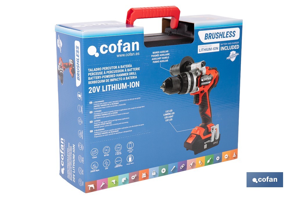 Taladro percutor y atornillador sin escobillas | 2 velocidades | Incluye maletín con batería Li-Ion de 20 voltios y 2.0 Ah + cargador - Cofan