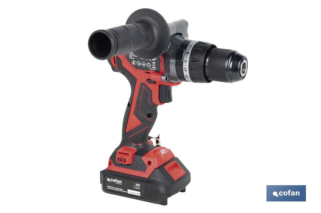 Taladro percutor y atornillador sin escobillas | 2 velocidades | Incluye maletín con batería Li-Ion de 20 voltios y 2.0 Ah + cargador - Cofan