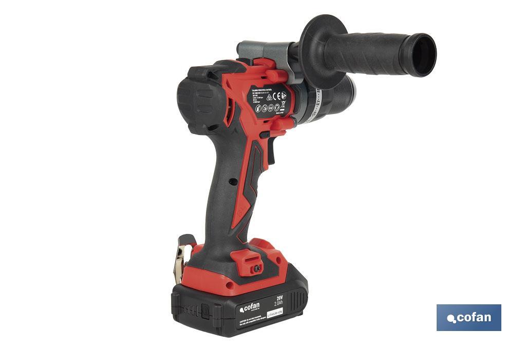 Taladro percutor y atornillador sin escobillas | 2 velocidades | Incluye maletín con batería Li-Ion de 20 voltios y 2.0 Ah + cargador - Cofan