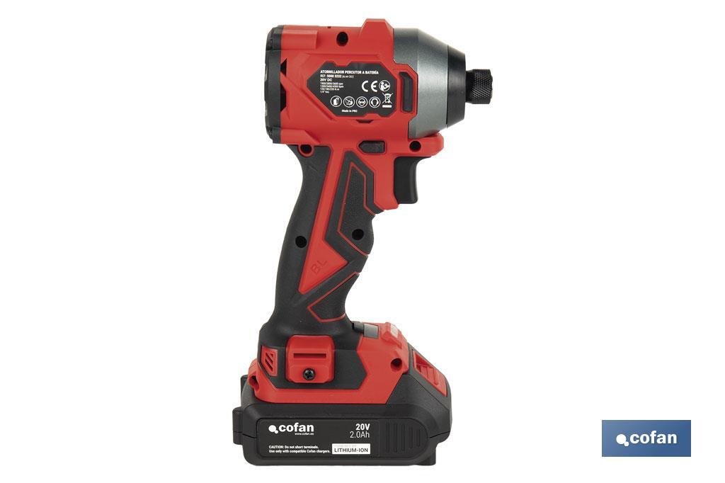 Atornillador percutor de impacto sin escobillas | Para puntas 1/4" Hex | Control de velocidad variable | Maletín, batería Li-ion de 20V y 2,0 Ah y cargador incluido - Cofan