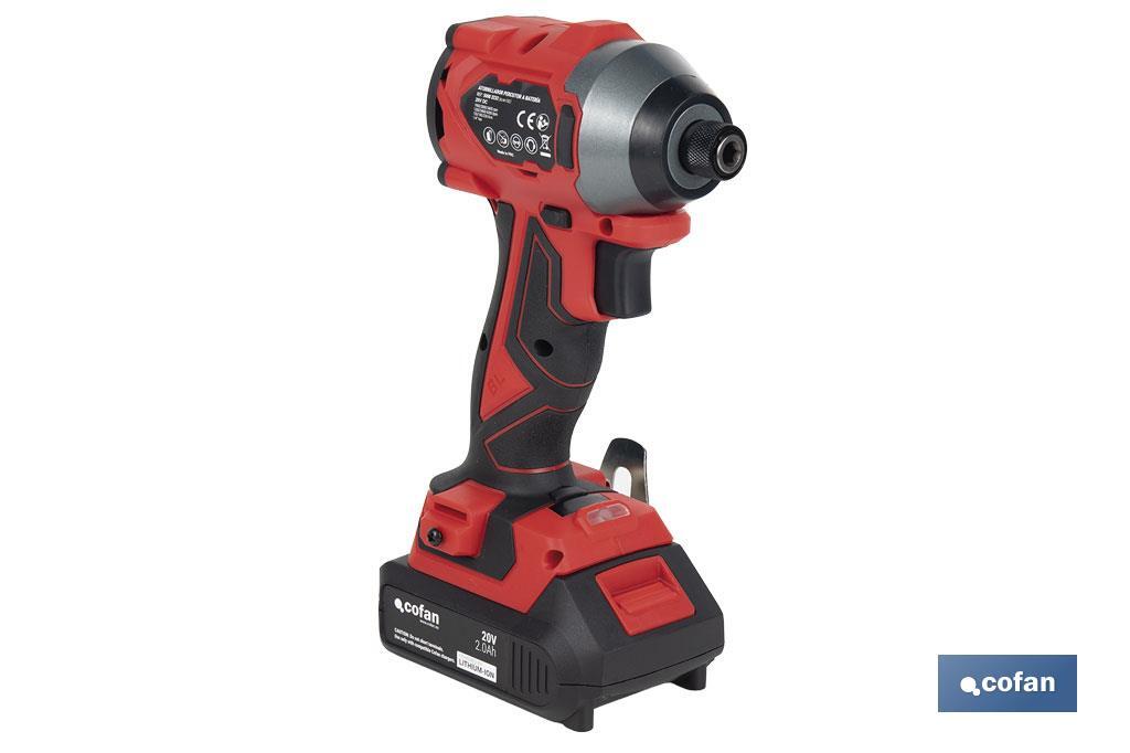 Atornillador percutor de impacto sin escobillas | Para puntas 1/4" Hex | Control de velocidad variable | Maletín, batería Li-ion de 20V y 2,0 Ah y cargador incluido - Cofan