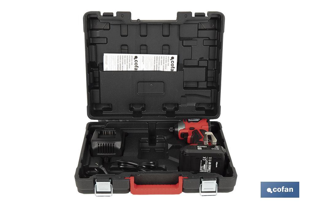 Atornillador percutor de impacto sin escobillas | Para puntas 1/4" Hex | Control de velocidad variable | Maletín, batería Li-ion de 20V y 2,0 Ah y cargador incluido - Cofan