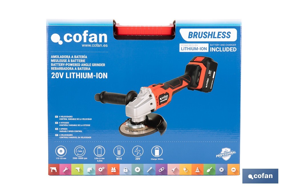 Amoladora a batería sin escobillas | Velocidad variable | Mango 3 posiciones | Incluye: batería de 20 V y 4.0 Ah, cargador y maletín con disco de corte, protector y mango auxiliar - Cofan
